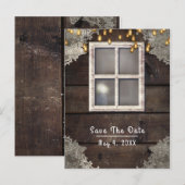 素朴なカントリー調の納屋の窓のライトが「Save The Date」を保存 案内ポストカード (正面/裏面)