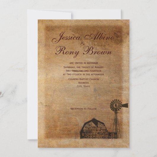 素朴なカントリー風のビンテージキャンバスファームウィンドミル 招待状 (正面)