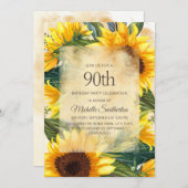 素朴なカントリー風黄色のひまわり 90歳の誕生日 招待状 (正面/裏面)