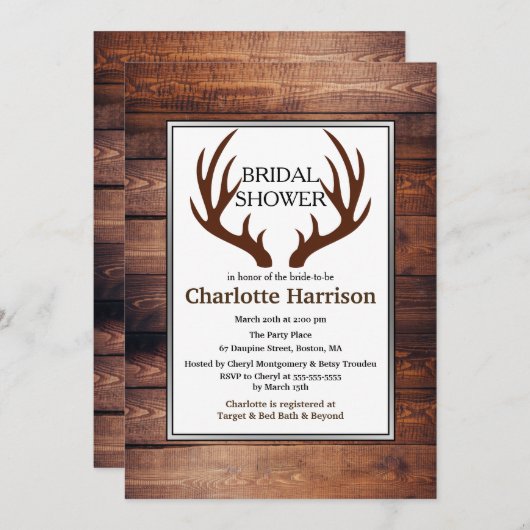 素朴なカントリー鹿の角 ブライダルシャワー 招待状 (正面/裏面)