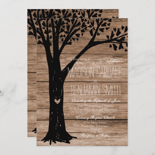素朴なカントリー ハートの木の彫刻 ウェディング 招待状 (正面/裏面)