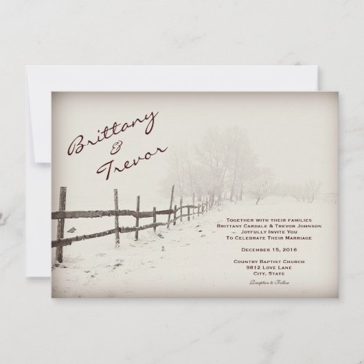 素朴なカントリー フェンスの冬の結婚式の招待状 招待状 (正面)