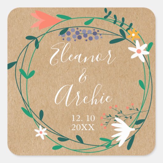素朴なカントリー フローラル ガーランド ウェディング フェイバー スクエアシール (正面)