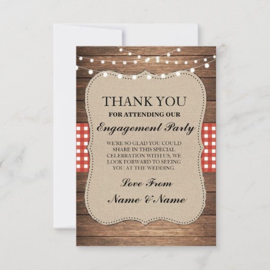 素朴なカード木製の赤いバーラップの婚約ありがとう サンキューカード (正面)