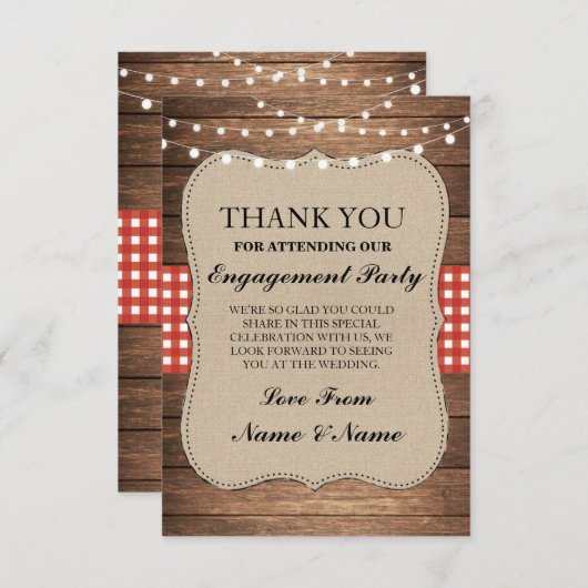 素朴なカード木製の赤いバーラップの婚約ありがとう サンキューカード (正面/裏面)