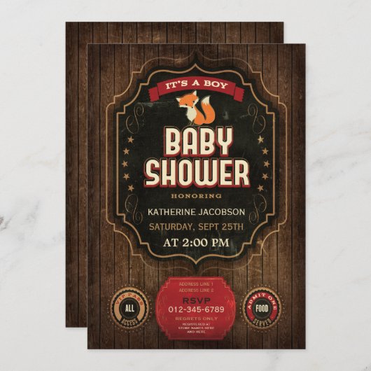 素朴なキツネのベビーシャワーのヴィンテージ黒板及び木 招待状 (正面/裏面)