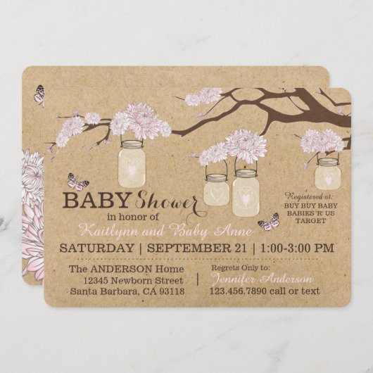 素朴なクラフトのモダンな花のぶら下がったな瓶のベビーシャワー 招待状 (正面/裏面)
