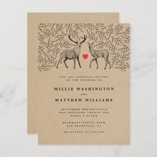 素朴なクラフトの森林木びき台及び雌ジカの植物の結婚式 インビテーションポストカード (正面/裏面)
