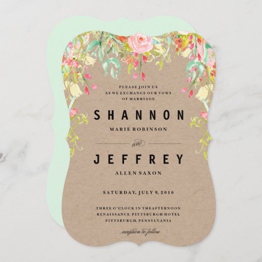 素朴なクラフトの滝のように落ちる花の結婚式招待状 招待状 (正面/裏面)