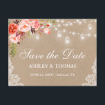 素朴なクラフトの瓶ライト珊瑚の花柄の保存日付 案内ポストカード<br><div class="desc">素朴なクラフトのひもライトメーソンジャーのレースの水彩画の珊瑚の花柄の保存印刷される日付の郵便はがき-</div>