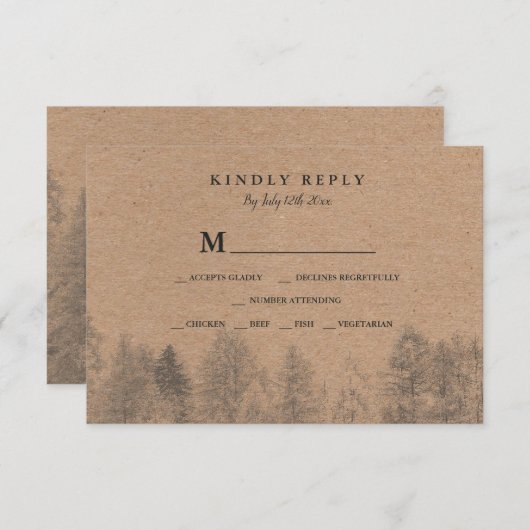 素朴なクラフトの秋の冬の松の木のrsvpの結婚式 出欠カード (正面/裏面)