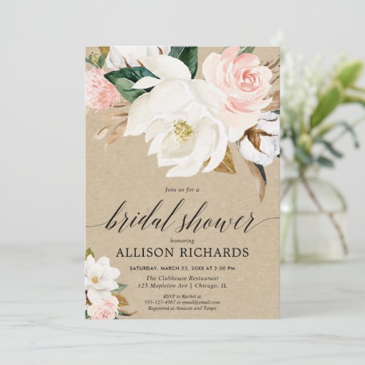 素朴なクラフトの赤面のピンクのマグノリアのブライダルシャワー 招待状 (スタンド正面)