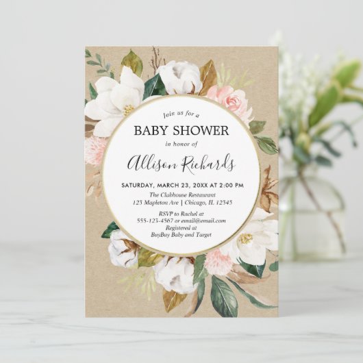 素朴なクラフトの赤面のピンクの白人のマグノリアの花柄の女の子 招待状 (スタンド正面)