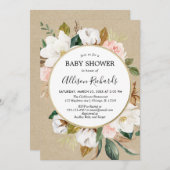 素朴なクラフトの赤面のピンクの白人のマグノリアの花柄の女の子 招待状 (正面/裏面)