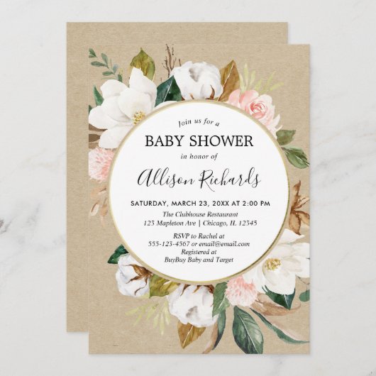 素朴なクラフトの赤面のピンクの白人のマグノリアの花柄の女の子 招待状 (正面/裏面)