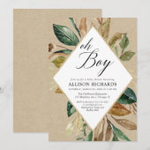 素朴なクラフトグリーンの葉の男の子秋のベビーシャワー 招待状 (正面/裏面)