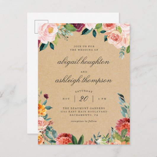 素朴なクラフトバーガンディの赤面のピンクの花の結婚式 インビテーションポストカード (正面/裏面)