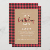 素朴なクラフト及びバッファローの格子縞の原稿の誕生会 招待状 (正面/裏面)