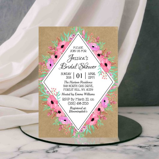 素朴なクラフト水彩花 ブライダルシャワー 招待状