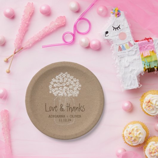 素朴なクラフト紙のメーソンジャーの花の結婚式 ペーパープレート (パーティー)