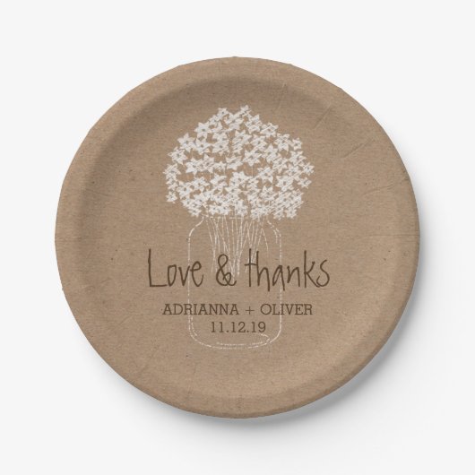 素朴なクラフト紙のメーソンジャーの花の結婚式 ペーパープレート (正面)