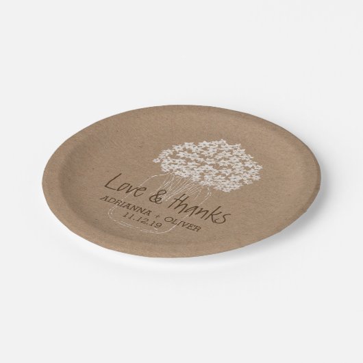 素朴なクラフト紙のメーソンジャーの花の結婚式 ペーパープレート (アングル)