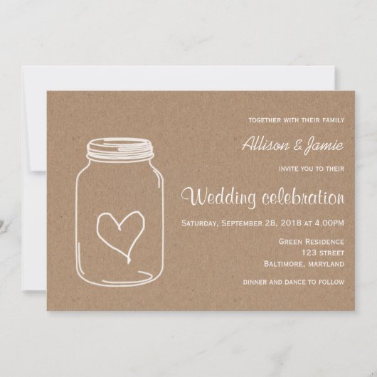 素朴なクラフト紙のMasonjarのハートの国の結婚式 招待状 (正面)