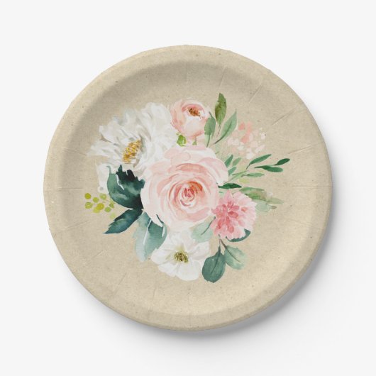 素朴なクラフト&ブラッシュピンクの水彩花モチーフが可愛い ペーパープレート (正面)