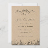 素朴なクラフト 手描きの山々と松の木の写真 セーブザデート (裏面)