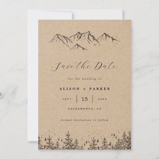 素朴なクラフト 手描きの山々と松の木の写真 セーブザデート (裏面)