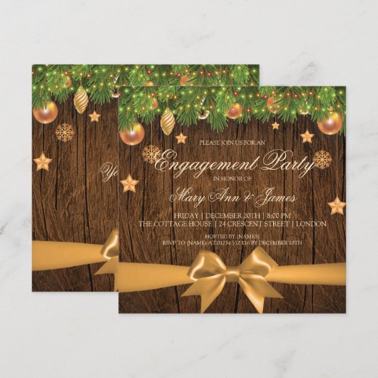 素朴なクリスマスの婚約パーティー ゴールドデコレーション 招待状 (正面/裏面)