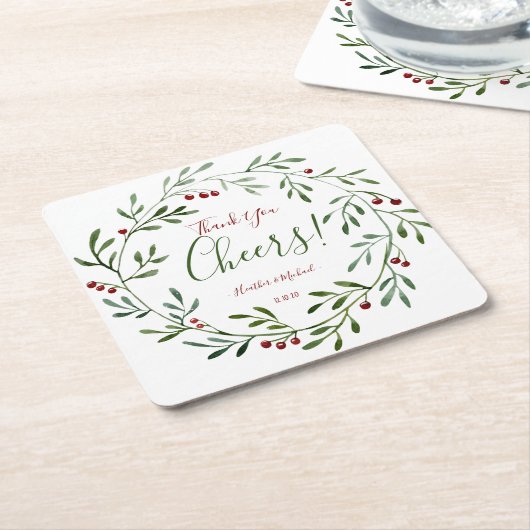 素朴なクリスマスの結婚式の引き出物のパーソナライズなパーティー スクエアペーパーコースター (アングル)