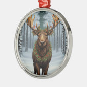 素朴なクリスマスの鹿の冬の木々が生い茂る森 メタルオーナメント (左)