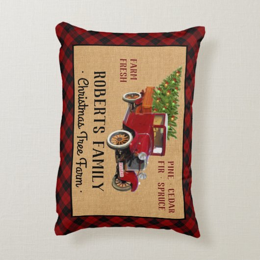 素朴なクリスマスツリーの農場のヴィンテージのトラックの赤い格子縞 アクセントクッション (裏面(縦))
