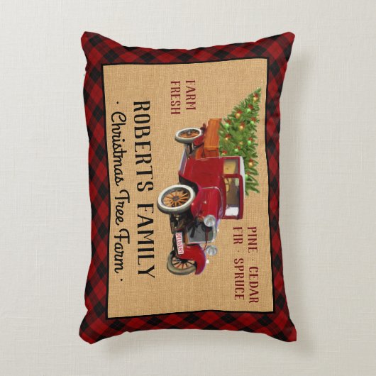 素朴なクリスマスツリーの農場のヴィンテージのトラックの赤い格子縞 アクセントクッション (正面(垂直))