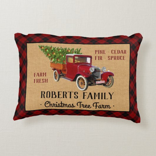 素朴なクリスマスツリーの農場のヴィンテージのトラックの赤い格子縞 アクセントクッション (裏面)