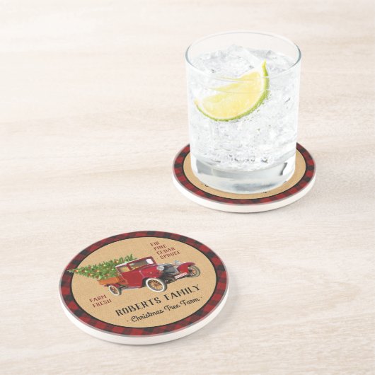 素朴なクリスマスツリーの農場のヴィンテージのトラックの赤い格子縞 コースター (側面)