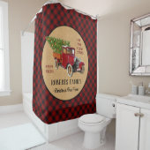 素朴なクリスマスツリーの農場のヴィンテージのトラックの赤い格子縞 シャワーカーテン (インサイチュ)