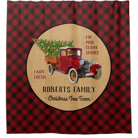 素朴なクリスマスツリーの農場のヴィンテージのトラックの赤い格子縞 シャワーカーテン (正面)