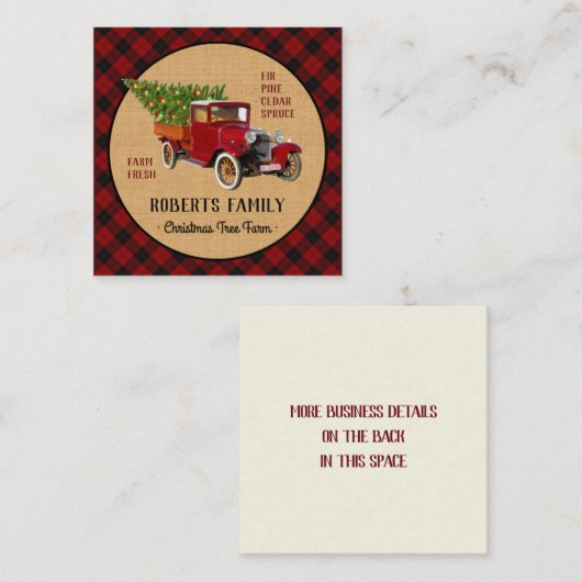 素朴なクリスマスツリーの農場のヴィンテージのトラックの赤い格子縞 スクエア名刺 (正面/裏面)