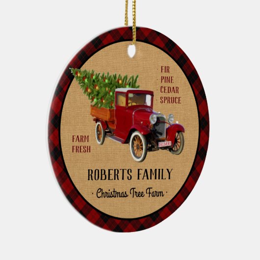素朴なクリスマスツリーの農場のヴィンテージのトラックの赤い格子縞 セラミックオーナメント (右)