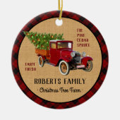 素朴なクリスマスツリーの農場のヴィンテージのトラックの赤い格子縞 セラミックオーナメント (正面)