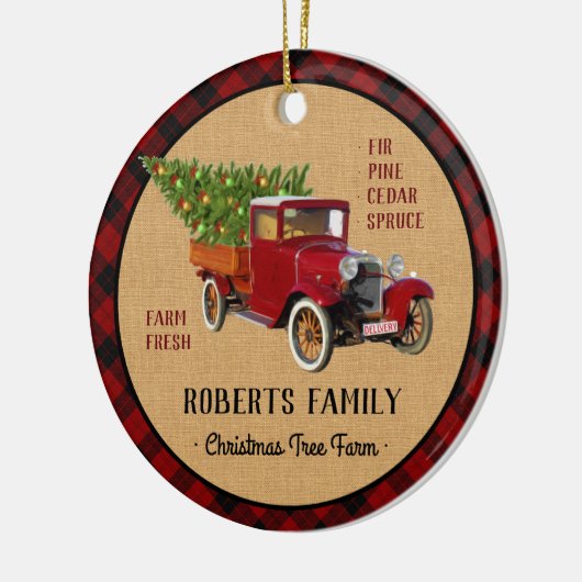 素朴なクリスマスツリーの農場のヴィンテージのトラックの赤い格子縞 セラミックオーナメント (左)