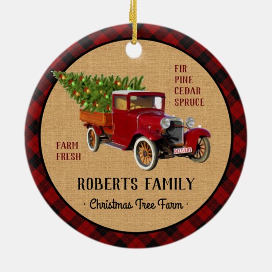 素朴なクリスマスツリーの農場のヴィンテージのトラックの赤い格子縞 セラミックオーナメント (裏面)