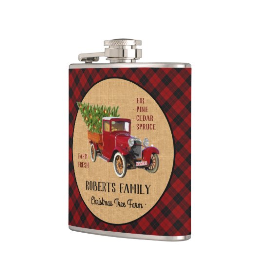 素朴なクリスマスツリーの農場のヴィンテージのトラックの赤い格子縞 フラスク (左)