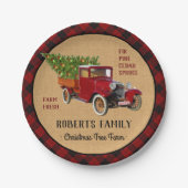 素朴なクリスマスツリーの農場のヴィンテージのトラックの赤い格子縞 ペーパープレート (正面)