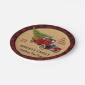 素朴なクリスマスツリーの農場のヴィンテージのトラックの赤い格子縞 ペーパープレート (アングル)