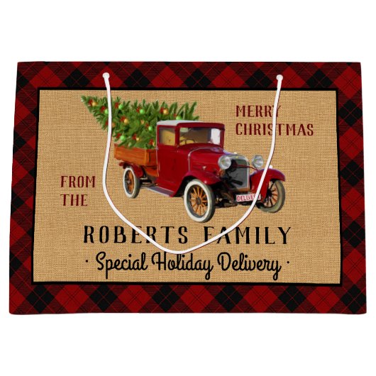 素朴なクリスマスツリーの農場のヴィンテージのトラックの赤い格子縞 ラージペーパーバッグ (正面)