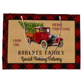 素朴なクリスマスツリーの農場のヴィンテージのトラックの赤い格子縞 ラージペーパーバッグ (裏面)