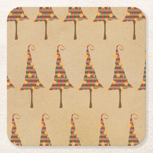 素朴なクリスマスツリーパターン スクエアペーパーコースター (正面)